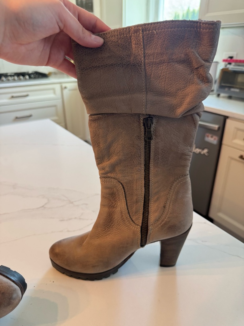 Vero Cuoio Taupe Fold-Over Mid-Calf Heeled Boot with Side Zip